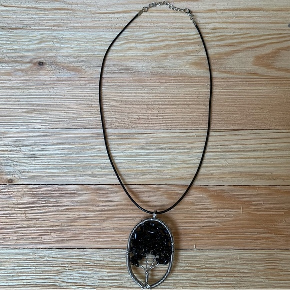 Black Obsidian Tree of Life Wire Wrapped Pendant Necklace Adjustable Cord Chain - Picture 3 of 7